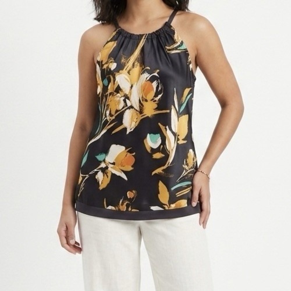 THE LIMITED Floral Halter Blouse sz L Navy Yellow Tropical Floral Resortwear